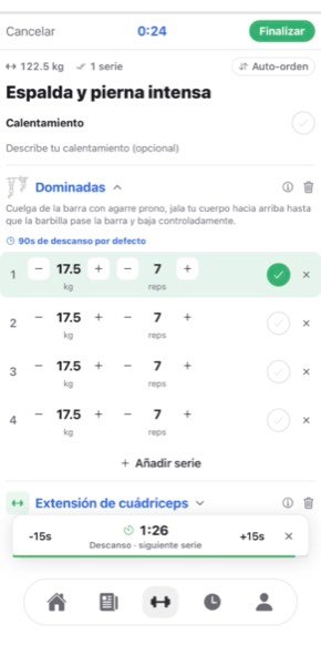 Pantalla de entrenamiento activo en LifeStrong, registrando series y descanso