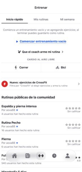 Pantalla de inicio de entrenamiento en LifeStrong con rutinas públicas